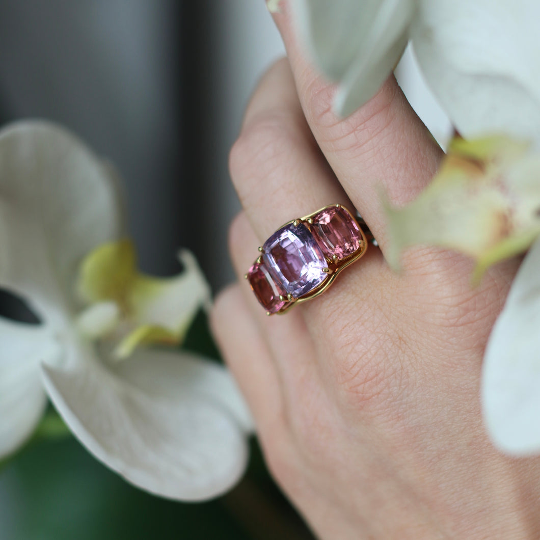 3 Stone Verdura Amethyst and Pink Tourmaline Ring
