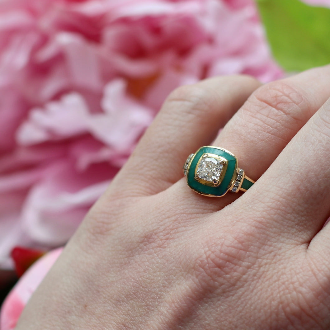Malachite Cushion Cut Diamond Ring