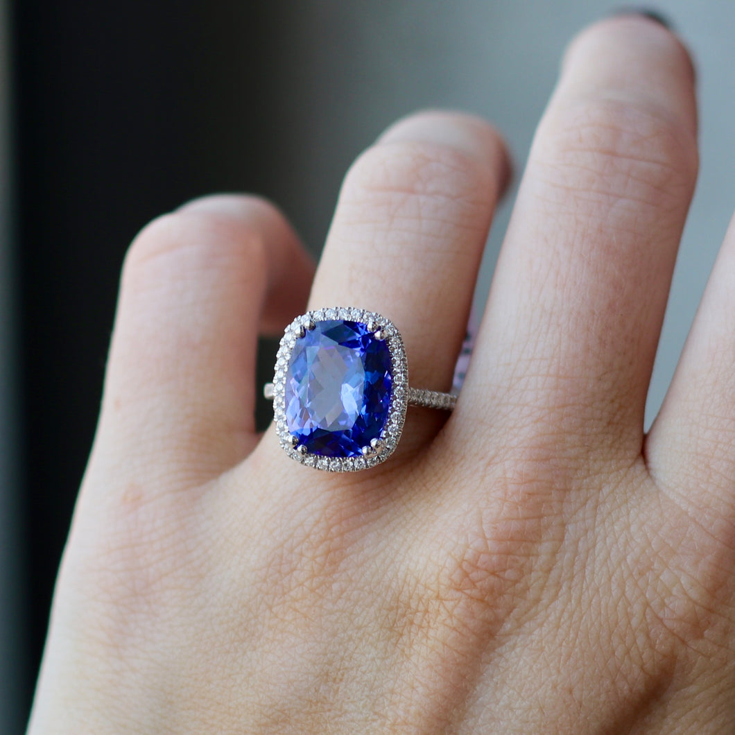 6.98 Elongated Cushion Tanzanite and Diamond Ring