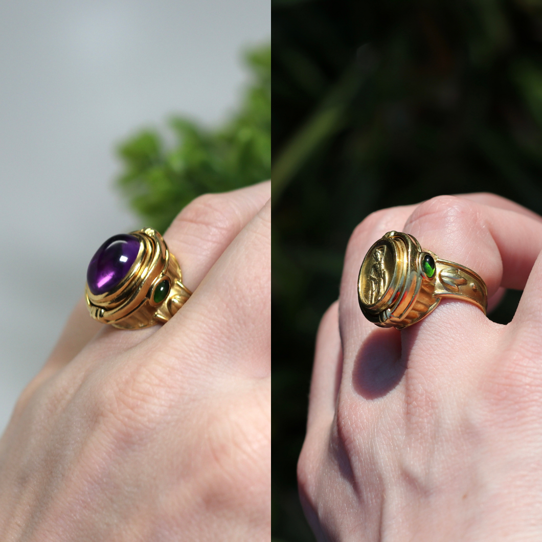 18k Yellow Gold Greek Woman/ Amethyst Flip Ring