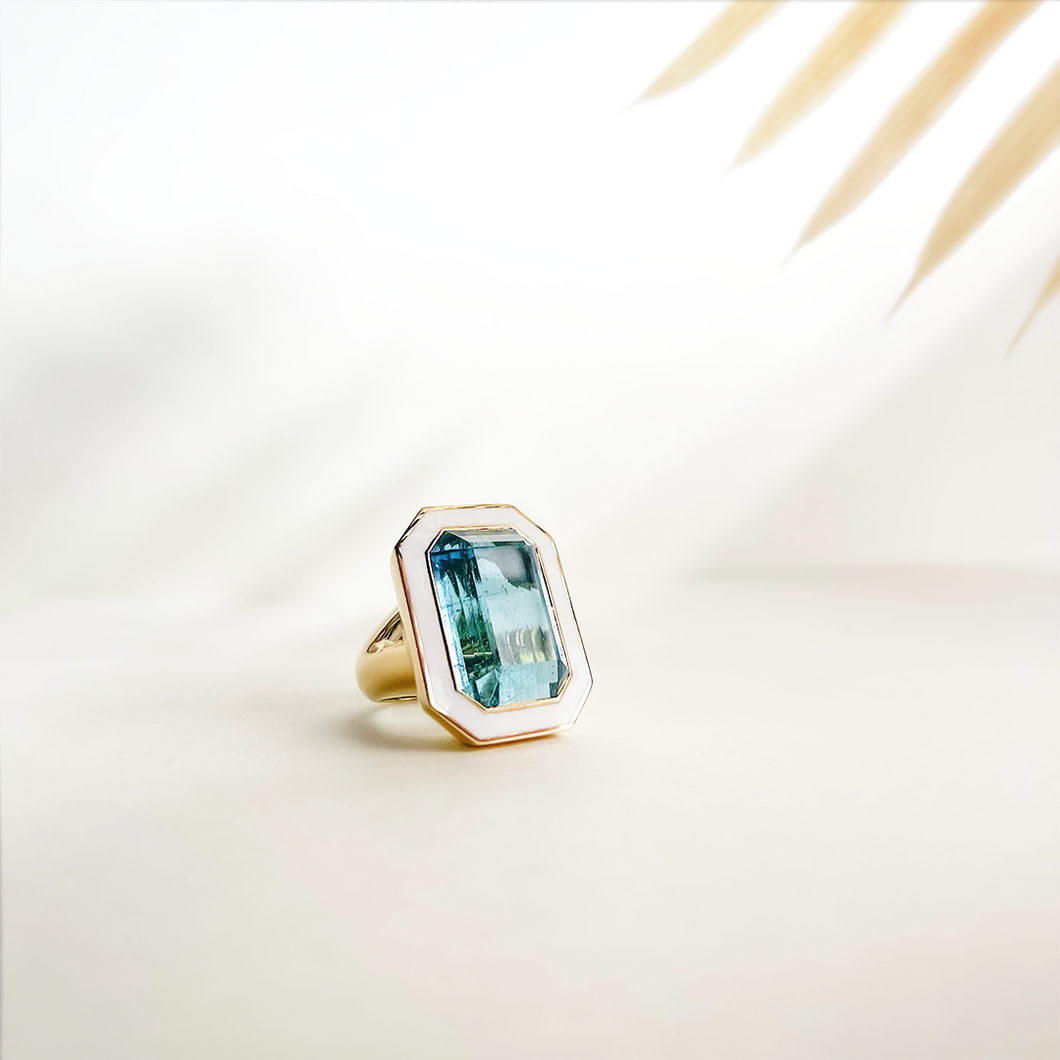 Custom Jordan Cline Emerald Cut Aquamarine Enamel Ring